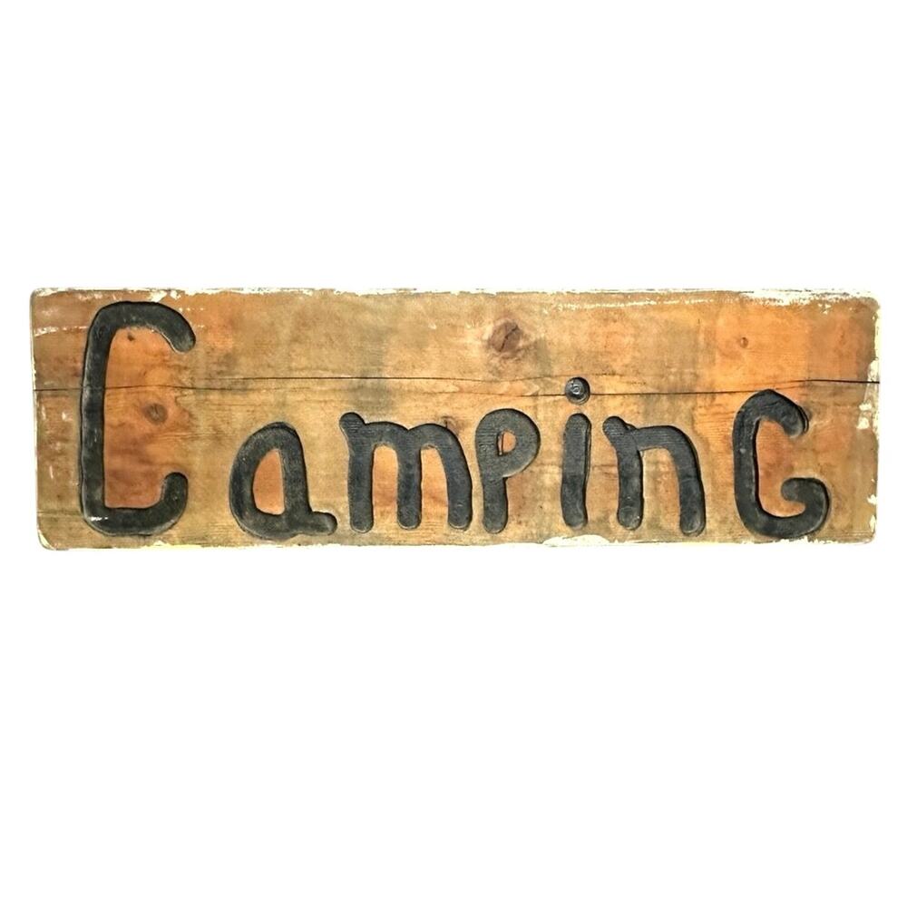 Vintage chunky wooden sign CAMPING handmade 23.5x7x1.5 outdoor rustic cabin
